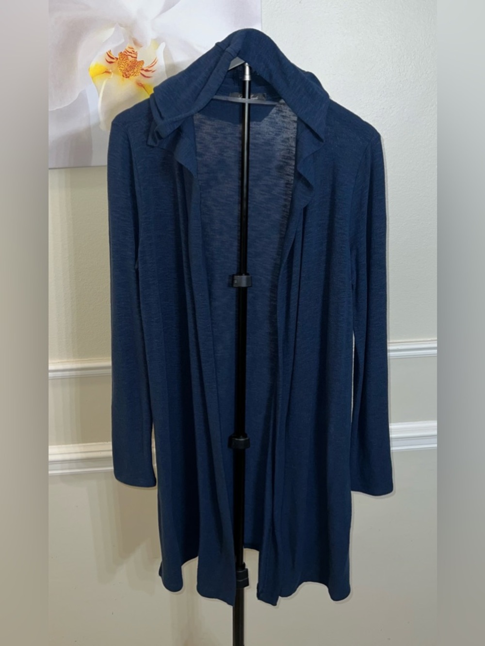 Laila Jayde Navy Open-Front Long Hooded Cardigan Sweater! Size Large.